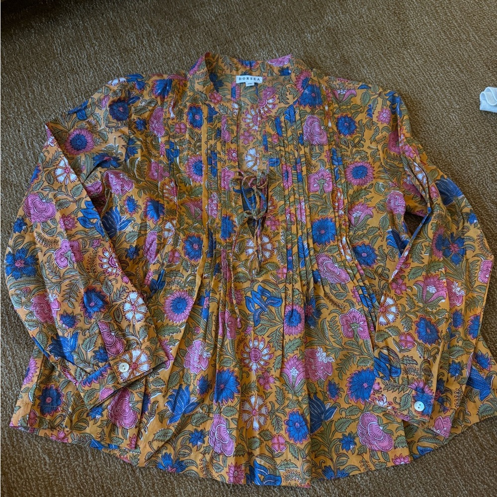 Boden Mustard Floral Pintuck Tie-Neck Blouse - Pink & Blue